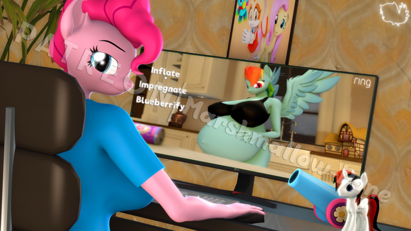 Size: 1280x720 | Tagged: questionable, artist:marshmallow-pone, derpibooru import, pinkie pie, rainbow dash, oc, oc:vani, 3d, belly, big belly, computer, female, image, inflation, png, source filmmaker, text