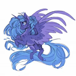 Size: 2048x2048 | Tagged: safe, artist:flaming-trash-can, derpibooru import, princess luna, alicorn, pony, alternate design, female, flying, image, jpeg, large wings, mare, missing accessory, s1 luna, simple background, smiling, solo, spread wings, twitterina design, white background, wings