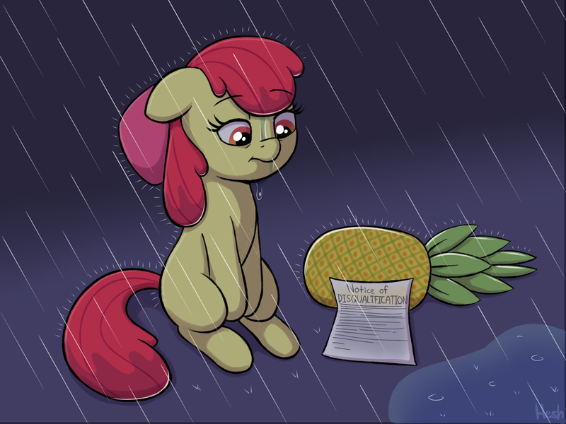 Size: 1942x1456 | Tagged: safe, artist:heretichesh, derpibooru import, apple bloom, earth pony, pony, female, filly, foal, food, image, pineapple, png, rain, sad, sitting, solo, wet