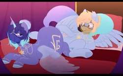 Size: 1200x750 | Tagged: suggestive, artist:higgly-chan, derpibooru import, oc, oc:asteria, oc:blue skies, unofficial characters only, alicorn, pegasus, pony, alicorn oc, artificial wings, augmented, bed, bedroom eyes, blushing, bracelet, constellation freckles, curtains, eye clipping through hair, female, flank, freckles, horn, horn jewelry, image, jewelry, looking back, lying down, male, mare, necklace, oc x oc, on back, on bed, png, presenting, prone, raised hoof, raised tail, seduction, shipping, spread legs, spread wings, spreading, stallion, tail, tail seduce, teasing, veil, wings