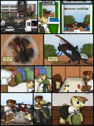 Size: 1750x2333 | Tagged: safe, artist:99999999000, derpibooru import, oc, oc:zhang cathy, oc:zhang xiangfan, unofficial characters only, beetle, earth pony, insect, pony, comic:grow with children, arcade, arcade game, bus, car, chinese text, city, comic, father, father and child, father and daughter, female, filly, foal, food, helmet, image, male, moon runes, motorcycle, png, police car, scooter, tree