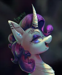 Size: 1757x2097 | Tagged: safe, artist:bananitryi, derpibooru import, rarity, pony, unicorn, blue eyes, bust, curved horn, diamond, ear piercing, ears, eyebrow piercing, eyebrows, eyelashes, eyeshadow, facial piercing, horn, horn ring, image, jewelry, lidded eyes, looking at you, makeup, necklace, nose piercing, nostrils, open mouth, piercing, png, portrait, ring, septum piercing, snout, solo, unicorn horn, wavy hair