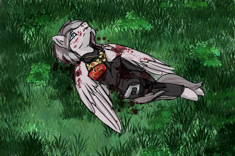 Size: 1500x1000 | Tagged: semi-grimdark, derpibooru import, oc, oc:light knight, pegasus, amulet, armor, blood, clothes, grass, image, implied princess celestia, injured, jewelry, looking up, military, military uniform, pendant, png, sun, uniform, weapon