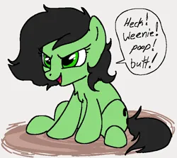 Size: 711x634 | Tagged: safe, artist:dotkwa, derpibooru import, oc, oc:anonfilly, earth pony, pony, female, filly, image, insult, leaning forward, png, poop joke, simple background, sitting, smug, solo, speech bubble, text, white background