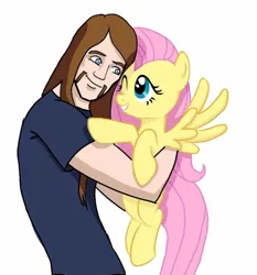 Size: 1016x1091 | Tagged: artist needed, safe, derpibooru import, fluttershy, oc, human, pegasus, pony, clothes, cute, holding a pony, hug, image, jpeg, metalocalypse, shirt, shyabetes, toki wartooth