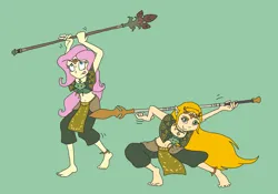 Size: 4380x3074 | Tagged: safe, artist:bugssonicx, derpibooru import, fluttershy, hylian, equestria girls, barefoot, charged armor, dancing, feet, green background, image, jewelry, korok spear, long hair, midriff, necklace, png, pointed ears, polearm, princess zelda, simple background, spear, spear dance, tears of the kingdom, the legend of zelda, tube top, weapon, zonai
