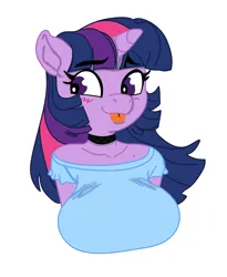 Size: 1870x2284 | Tagged: suggestive, artist:kevinsano, color edit, derpibooru import, edit, twilight sparkle, anthro, unicorn, :p, big breasts, blushing, breasts, bust, busty twilight sparkle, choker, clothes, colored, cute, female, g4, image, png, silly, simple background, smiling, solo, solo female, tongue out, white background