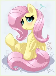 Size: 1320x1800 | Tagged: safe, artist:joakaha, derpibooru import, fluttershy, pegasus, pony, blue eyes, blushing, eyelashes, female, folded wings, g4, image, jpeg, leaning back, looking at you, mare, pegasus wings, sitting, smiling, solo, squee, tail, wings