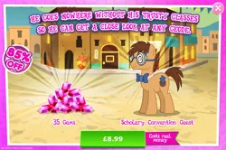 Size: 1956x1298 | Tagged: safe, derpibooru import, official, tadwell, earth pony, pony, advertisement, bowtie, costs real money, english, gameloft, gem, glasses, image, jpeg, male, mobile game, my little pony: magic princess, numbers, sale, solo, solo focus, stallion, text