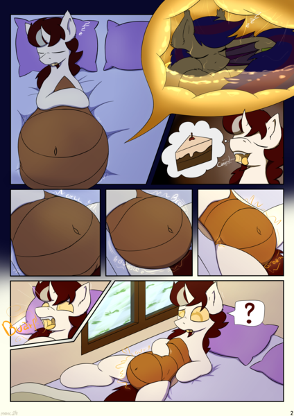 Size: 3307x4677 | Tagged: suggestive, artist:monycaalot, derpibooru import, oc, oc:biepbot, oc:firestarter, bat pony, changeling, waspling, abdominal bulge, accidental vore, bed, bedroom, burp, cake, comic, digestion, digestion without weight gain, female, fetish, food, image, interrogation, male, melting, png, sleeping, stomach noise, stuffed, stuffed belly, vore, willing vore