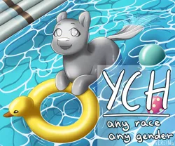 Size: 1685x1403 | Tagged: safe, artist:erein, derpibooru import, pony, advertisement, any gender, any race, auction, auction open, commission, ears up, floating, happy, image, jpeg, open mouth, open smile, pool toy, smiling, solo, swimming, swimming pool, water, wet, ych sketch, your character here