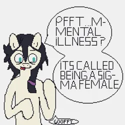 Size: 3072x3072 | Tagged: safe, artist:hexals, derpibooru import, oc, oc:floor bored, earth pony, bags under eyes, black mane, image, meme, messy mane, pixel art, png, simple background, solo, speech bubble, white background