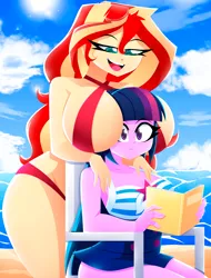 Size: 1600x2100 | Tagged: suggestive, artist:xan-gelx, derpibooru import, sci-twi, sunset shimmer, twilight sparkle, human, equestria girls, beach, between breasts, big breasts, blushing, book, breasts, busty sci-twi, busty sunset shimmer, cloud, female, huge breasts, image, lesbian, pillow, png, reading, scitwishimmer, shipping, sky, sun, sunsetsparkle, useless clothing