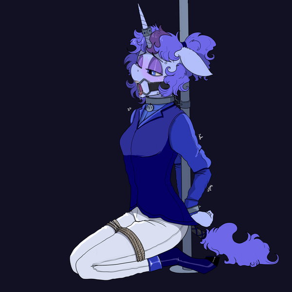 Size: 5000x5000 | Tagged: questionable, artist:paskanaakka, derpibooru import, oc, oc:midnight dew, unofficial characters only, anthro, pony, unicorn, alternate timeline, anthro oc, arm behind back, blushing, bondage, clothes, cuffs, dental gag, derpibooru exclusive, drool, eyeshadow, female, gag, horn, horn ring, image, jewelry, lidded eyes, magic suppression, makeup, nightmare takeover timeline, open mouth, png, ring, simple background, solo, solo female, tied up, uniform, vest