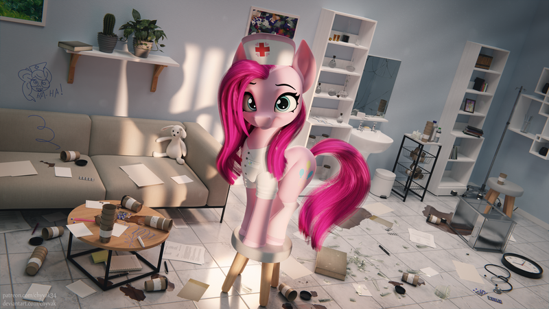 Size: 4800x2700 | Tagged: safe, artist:chyvak, derpibooru import, pinkie pie, pony, 3d, chaos, image, nurse outfit, pinkamena diane pie, plushie, png, solo, teddy bear