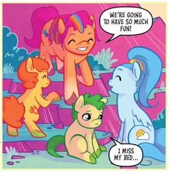 Size: 738x750 | Tagged: safe, artist:kate sherron, derpibooru import, idw, sunny starscout, unnamed character, unnamed pony, earth pony, pegasus, pony, unicorn, g5, spoiler:comic, spoiler:comiccampbighoof, spoiler:comiccampbighoof1, spoiler:g5comic, camp bighoof, colt, dialogue, female, filly, foal, group, image, jpeg, male, mane stripe sunny, mare, quartet, relatable, speech bubble, unshorn fetlocks