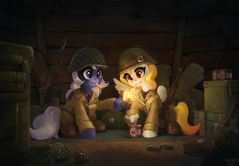 Size: 2000x1391 | Tagged: safe, artist:asimos, derpibooru import, oc, unofficial characters only, earth pony, pegasus, pony, browning automatic rifle, bunker, canned food, cigarette, clothes, female, grenade, gun, helmet, image, lighter, m1 carbine, mare, png, smoking, uniform, weapon, world war ii