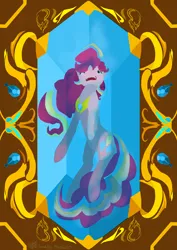 Size: 2630x3719 | Tagged: safe, artist:destiny_manticor, derpibooru import, pinkie pie, earth pony, pony, blue, book cover, cover, crystal, element of laughter, female, gold, image, png, scared, solo, stuck