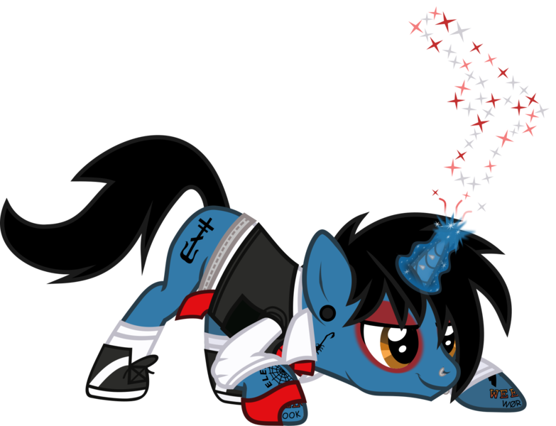 Size: 1660x1272 | Tagged: safe, artist:lightningbolt, derpibooru import, ponified, pony, unicorn, .svg available, belt, clothes, crouching, derpibooru exclusive, ear piercing, eyeshadow, fingerless gloves, fireworks, frank iero, gauges, gloves, glow, glowing horn, gun, hair over one eye, horn, horn piercing, image, lip piercing, long sleeves, makeup, male, my chemical romance, necktie, nose piercing, piercing, png, shirt, shoes, show accurate, simple background, smiling, smirk, socks, solo, sparks, stallion, t-shirt, tattoo, transparent background, undershirt, vector, vest, weapon