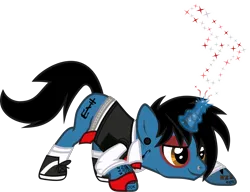 Size: 1660x1272 | Tagged: safe, artist:lightningbolt, derpibooru import, ponified, pony, unicorn, .svg available, belt, clothes, crouching, derpibooru exclusive, ear piercing, eyeshadow, fingerless gloves, fireworks, frank iero, gauges, gloves, glow, glowing horn, gun, hair over one eye, horn, horn piercing, image, lip piercing, long sleeves, makeup, male, my chemical romance, necktie, nose piercing, piercing, png, shirt, shoes, show accurate, simple background, smiling, smirk, socks, solo, sparks, stallion, t-shirt, tattoo, transparent background, undershirt, vector, vest, weapon