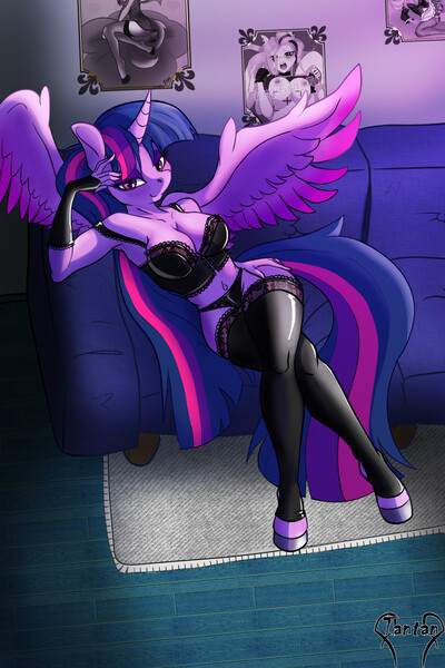 Size: 1567x2351 | Tagged: questionable, artist:furryfantan, derpibooru import, fluttershy, twilight sparkle, twilight sparkle (alicorn), alicorn, anthro, unguligrade anthro, areola, big breasts, breasts, bustier, busty fluttershy, cleavage, clothes, colored wings, couch, crossed legs, ears, eyelashes, feathered wings, female, fingerless gloves, gloves, hand on head, hand on hip, hand on leg, hand on thigh, hips, horn, image, jpeg, latex, leaning, legs together, lingerie, long gloves, long hair, looking at you, midriff, multicolored hair, multicolored tail, multicolored wings, narrowed eyes, nipples, nudity, panties, poster, snout, socks, solo, spread wings, stockings, strategically covered, tail, thigh highs, thighs, underwear, unicorn horn, waist, wings