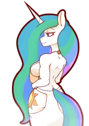 Size: 2480x3508 | Tagged: suggestive, artist:wild-thunder06, derpibooru import, princess celestia, anthro, unguligrade anthro, ass, backless, breasts, butt, clothes, dress, image, lidded eyes, png, sideboob, smiling, underboob, wingless, wingless anthro