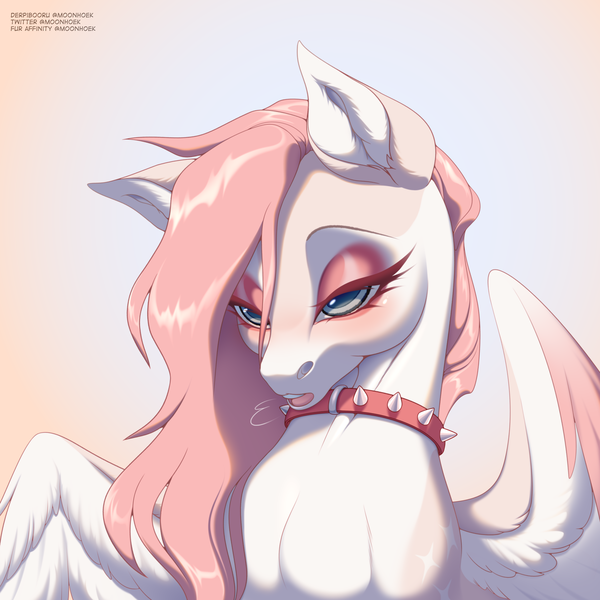 Size: 4000x4000 | Tagged: safe, artist:moonhoek, derpibooru import, oc, oc:kisa, pegasus, pony, artfight, bedroom eyes, collar, colored wings, digital art, female, feral, gradient background, gradient wings, horny, image, mare, png, solo, wings