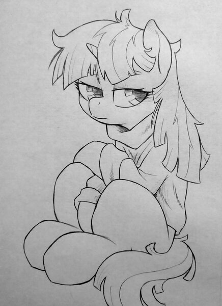Size: 2710x3731 | Tagged: safe, artist:public mistake, derpibooru import, moondancer, pony, unicorn, female, frown, grayscale, image, jpeg, lidded eyes, loose hair, mare, messy mane, missing accessory, monochrome, no glasses, pencil drawing, sitting, solo, traditional art