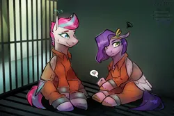 Size: 1500x1000 | Tagged: safe, artist:lavendur_x316, derpibooru import, pipp petals, zipp storm, pegasus, pony, g5, bound wings, clothes, commissioner:rainbowdash69, duo, female, image, jail, jail cell, jumpsuit, mare, never doubt rainbowdash69's involvement, png, prison, prison outfit, prisoner pipp, prisoner zipp, royal sisters (g5), shackles, shirt, siblings, sisters, undershirt, unshorn fetlocks, wings