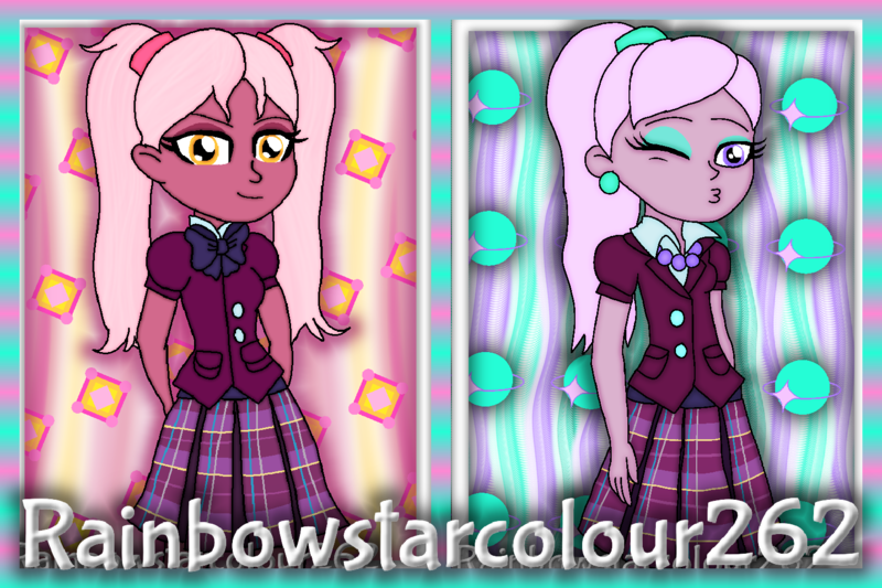 Size: 1536x1024 | Tagged: safe, artist:rainbowstarcolour262, derpibooru import, oc, oc:taffycoat, oc:zina pearl, unofficial characters only, human, series:equ wallpapers, equestria girls, abstract background, bowtie, clothes, crystal prep academy uniform, crystal prep shadowbolts, cutie mark background, derpibooru exclusive, duo, ear piercing, earring, eyeshadow, female, image, jewelry, kissy face, looking at you, makeup, necklace, one eye closed, pearl necklace, piercing, pigtails, plaid skirt, pleated skirt, png, ponytail, purple eyes, school uniform, shirt, signature, skirt, twintails, wink, winking at you, yellow eyes