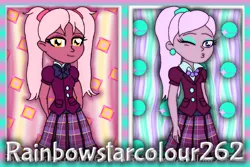 Size: 1536x1024 | Tagged: safe, artist:rainbowstarcolour262, derpibooru import, oc, oc:taffycoat, oc:zina pearl, unofficial characters only, human, series:equ wallpapers, equestria girls, abstract background, bowtie, clothes, crystal prep academy uniform, crystal prep shadowbolts, cutie mark background, derpibooru exclusive, duo, ear piercing, earring, eyeshadow, female, image, jewelry, kissy face, looking at you, makeup, necklace, one eye closed, pearl necklace, piercing, pigtails, plaid skirt, pleated skirt, png, ponytail, purple eyes, school uniform, shirt, signature, skirt, twintails, wink, winking at you, yellow eyes