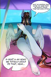 Size: 2000x3000 | Tagged: suggestive, artist:carbutt69, derpibooru import, oc, oc:cannon car, anthro, pegasus, beach, beach towel, bun hairstyle, clothes, feet, fetish, foot fetish, image, multicolored mane, ocean, offscreen character, painted nails, partial nudity, png, pov, raised leg, topless, towel, water