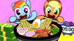 Size: 1280x720 | Tagged: safe, artist:spc stopmotion, derpibooru import, applejack, rainbow dash, earth pony, pegasus, pony, applejack's hat, bean mouth, bowl, chopsticks, clock, cowboy hat, dollar, dollars, duo, duo female, eating, egg (food), elsagate, female, food, hat, image, jpeg, mare, meat, money, mukbang, mushroom, noodles, onion, open mouth, open smile, pink background, ramen, simple background, smiling, sushi, table, thumbnail, timer, tongue out, vegetables, wat, why, wtf, youtube kids, youtube link, youtube thumbnail