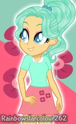 Size: 1228x1998 | Tagged: safe, artist:rainbowstarcolour262, derpibooru import, garden grove, human, equestria girls, background human, blue eyes, clothes, cute, cutie mark, cutie mark on clothes, eyeshadow, female, green hair, image, makeup, missing accessory, png, ponytail, scrunchie, shirt, signature, skirt, solo, wavy hair