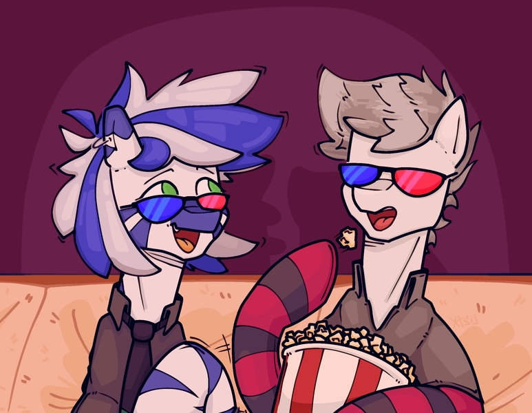 Size: 2300x1785 | Tagged: safe, artist:xtsij, derpibooru import, oc, oc:periwinkle mirtillo, unofficial characters only, pegasus, zebra, 3d glasses, blue, clothes, duo, female, food, green eyes, image, jpeg, laughing, necktie, open mouth, pegasus oc, piercing, popcorn, shirt, socks, striped, striped mane, striped socks, wings, zebra oc