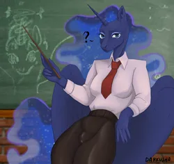 Size: 1974x1866 | Tagged: suggestive, artist:darkusha, derpibooru import, princess luna, alicorn, anthro, chalkboard, clothes, crotch bulge, erect nipples, futa, futa princess luna, image, intersex, jpeg, looking at you, nipple outline, question mark, solo, solo futa, teacher