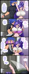 Size: 1857x4599 | Tagged: suggestive, artist:fenrox, derpibooru import, rarity, oc, oc:rox, human, big breasts, bra, breasts, busty rarity, canon x oc, clothes, comic strip, doorway, huge breasts, humanized, image, imminent sex, implied sex, impossibly large breasts, jpeg, smelling, underwear