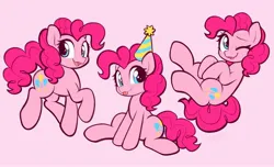 Size: 2048x1244 | Tagged: safe, artist:moozua, derpibooru import, pinkie pie, earth pony, pony, :p, cute, diapinkes, female, hat, image, jpeg, looking at you, mare, one eye closed, open mouth, open smile, party hat, pink background, simple background, sitting, smiling, smiling at you, tongue out, triality, wink, winking at you
