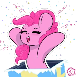Size: 600x600 | Tagged: safe, artist:swishyfishy4308, derpibooru import, pinkie pie, earth pony, pony, commission, confetti, cute, female, image, mare, outline, png, promo, promotional art, simple background, solo, transparent background, white outline, ych example, ych result, your character here