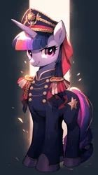 Size: 816x1456 | Tagged: safe, derpibooru import, machine learning generated, twilight sparkle, pony, unicorn, ai content, alternate color palette, alternate hairstyle, alternate tailstyle, clothes, cute, dictator, emblem, epaulettes, female, generator:midjourney, hat, image, mare, military uniform, png, prompter:gnosys, shoes, simple background, smiling, smirk, solo, tail, unicorn twilight, uniform