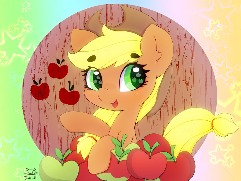 Size: 4000x3000 | Tagged: safe, artist:zokkili, derpibooru import, applejack, earth pony, pony, apple, apple eyes, applejack's hat, beanbrows, cowboy hat, cute, eyebrows, eyebrows visible through hair, female, food, hat, high res, image, jackabetes, jpeg, looking at you, mare, open mouth, open smile, signature, smiling, smiling at you, solo, that pony sure does love apples, wingding eyes