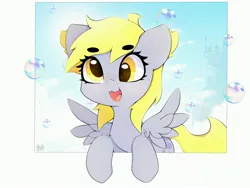 Size: 4000x3000 | Tagged: safe, artist:zokkili, derpibooru import, derpy hooves, pegasus, pony, beanbrows, bubble, cute, derp, derpabetes, eyebrows, eyebrows visible through hair, female, high res, image, jpeg, looking at you, mare, open mouth, open smile, signature, smiling, smiling at you, solo, spread wings, wings