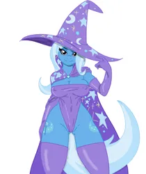Size: 2146x2560 | Tagged: dead source, suggestive, artist:reiduran, color edit, derpibooru import, edit, trixie, anthro, pony, big breasts, both cutie marks, breasts, busty trixie, cape, cleavage, clothes, colored, erect nipples, evening gloves, female, g4, gloves, hat, high-cut clothing, image, leotard, long gloves, looking at you, magician outfit, mare, nipple outline, png, simple background, smiling, socks, solo, solo female, thigh highs, thong leotard, underass, white background