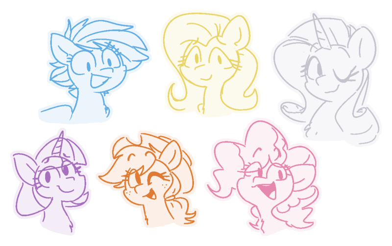 Size: 1233x776 | Tagged: safe, artist:blex, derpibooru import, applejack, fluttershy, pinkie pie, rainbow dash, rarity, twilight sparkle, earth pony, pegasus, pony, unicorn, alternate hairstyle, applejack's hat, bust, cowboy hat, curly mane, doodle, ears up, eyelashes, female, females only, freckles, hat, image, looking at you, mane six, mare, one eye closed, open mouth, partial color, png, simple background, transparent background, wink, winking at you