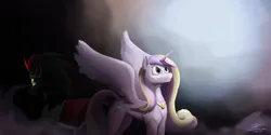 Size: 2500x1250 | Tagged: safe, artist:calebpedigo, derpibooru import, king sombra, princess cadance, alicorn, pony, unicorn, darkness, female, image, light, looking back, male, mare, png, solo focus, spread wings, stallion, wings