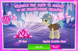 Size: 1960x1301 | Tagged: safe, derpibooru import, idw, official, unnamed character, unnamed pony, earth pony, pony, advertisement, cleft chin, clothes, costs real money, english, facial hair, gameloft, gem, hard hat, hat, idw showified, image, jpeg, leg hair, male, mobile game, my little pony: magic princess, numbers, sale, sideburns, solo, stallion, text