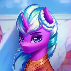 Size: 2000x2000 | Tagged: safe, artist:adagiostring, derpibooru import, unicorn, fanfic, g5, bust, clothes, commission, commission open, fanart, fanfic art, image, jpeg, looking at you, opaline arcana, opline arcana, portrait, robe, simple background, solo