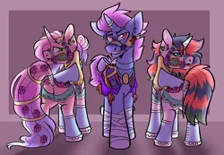 Size: 1406x973 | Tagged: safe, artist:rockin_candies, derpibooru import, oc, oc:icebreaker, oc:ivoire star, oc:lattice, pony, unicorn, horn, horn ring, image, jewelry, png, ring, saddle, tack