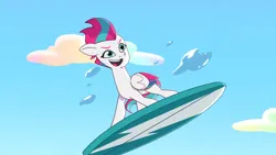 Size: 3072x1727 | Tagged: safe, derpibooru import, screencap, zipp storm, pegasus, pony, g5, my little pony: tell your tale, spoiler:g5, spoiler:my little pony: tell your tale, spoiler:tyts01e57, female, hot day huh?, image, jpeg, mare, open mouth, open smile, smiling, solo, surfboard, surfing