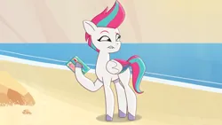 Size: 3072x1727 | Tagged: safe, derpibooru import, screencap, zipp storm, pegasus, pony, g5, my little pony: tell your tale, spoiler:g5, spoiler:my little pony: tell your tale, spoiler:tyts01e57, beach, eyebrows, female, hot day huh?, image, jpeg, lip bite, mare, mobile phone, phone, raised eyebrow, smartphone, solo